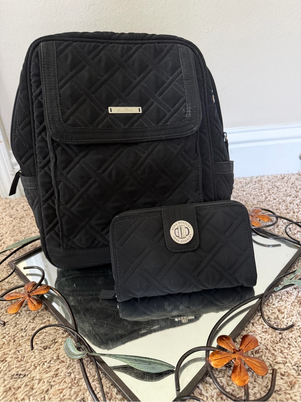 Vera Bradley Black Quilted Backpack and Wallet Set rare pattern